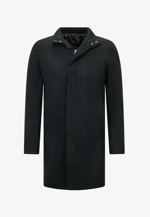Zwarte mid-lange wollen herenjassen met een opstaande kraag, een verborgen rits aan de voorkant, drukknopen en zijzakken.