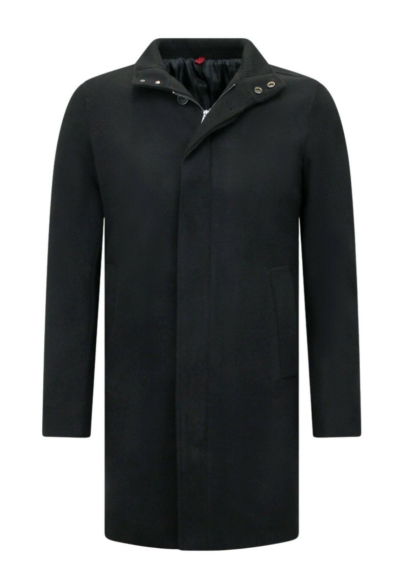 Zwarte mid-lange wollen herenjassen met een opstaande kraag, een verborgen rits aan de voorkant, drukknopen en zijzakken.