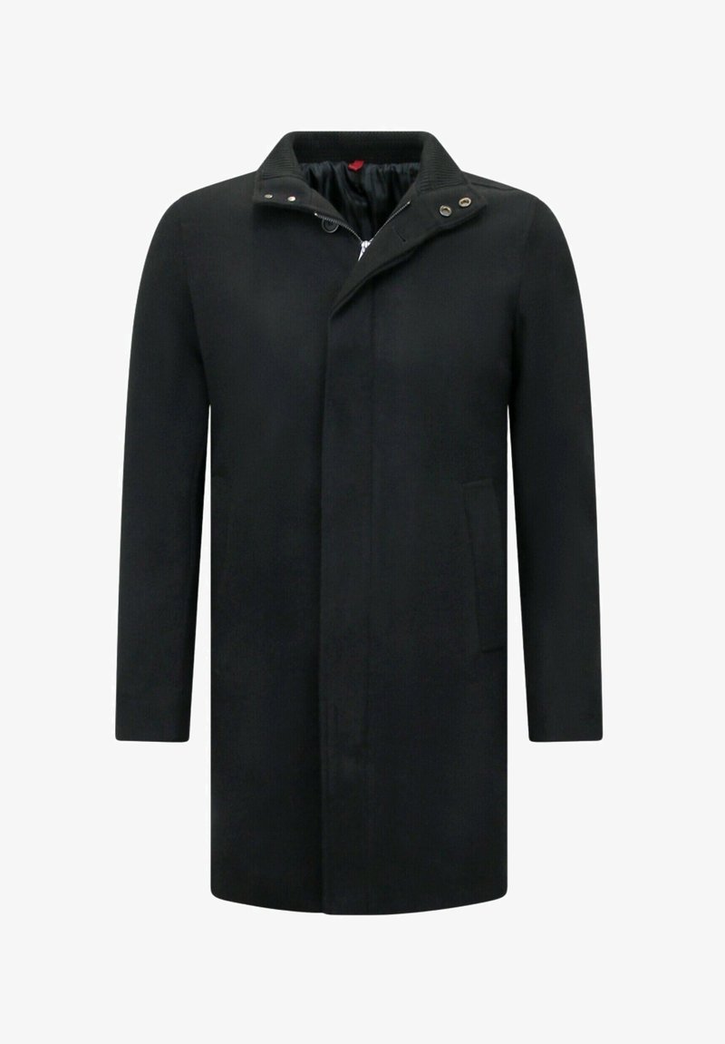 Zwarte mid-lange wollen herenjassen met een opstaande kraag, een verborgen rits aan de voorkant, drukknopen en zijzakken.