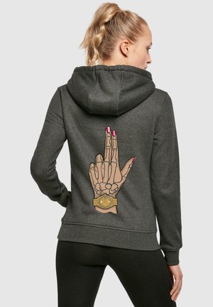 Gray hoodie featuring a graphic on the back of a skeletal hand with pink nails and a gold watch accent. Soft material and relaxed fit.