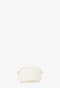 Bolsa de cosméticos blanca texturizada con forma rectangular, cierre de cremallera dorado y un pequeño asa a un lado. Diseño compacto y portátil.