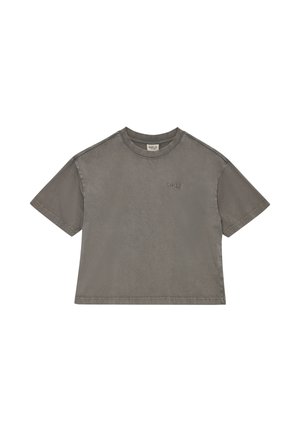 T-shirt court gris à manches courtes avec encolure ronde et petit logo "HALO" en relief sur la poitrine gauche.