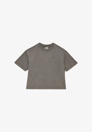 Gray short-sleeve cropped t-shirt with round neckline and small embossed "HALO" logo on the left chest.