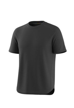 T-shirt de sport noir pour homme à manches courtes avec manches texturées gris foncé et panneaux latéraux, col rond et ourlet incurvé.