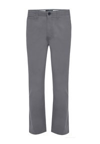 Gray cotton trousers with a straight leg design, featuring a front pocket, belt loops, and a button closure. Smooth texture throughout.