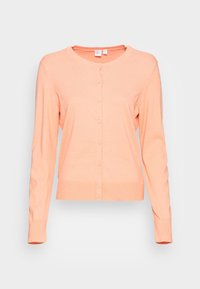 Ljus persikofärgad cardigan med långa ärmar, rundad halsringning och knappstängning. Har ribbat fåll och mudd, tillverkad av mjukt stickat material.