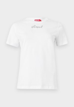 White short-sleeve Diesel t-shirt with a small rhinestone Diesel logo centered near the neckline and a red label inside the collar.
