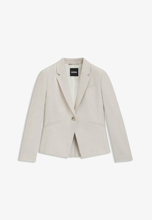Light beige blazer made of textured fabric. Features a single button closure, notched lapels, and two front pockets.