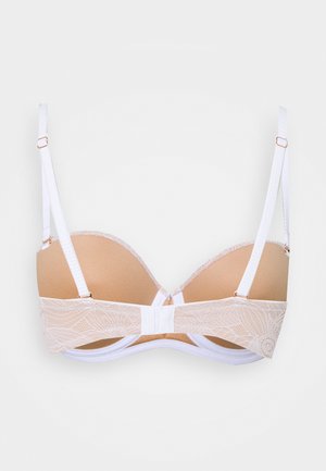 Beesidise narmad rinnahoidja pitsdetailidega ja valgete rihmadega. Omab sileda traadi kujundust ja dekoratiivset pitsi ribal. Tagumine lukustus kaasas.