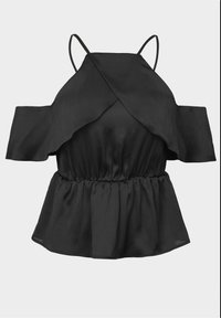 Haut noir à épaules dénudées avec manches à volants, tissu texturé, taille froncée et design drapé. Bretelles fines réglables.