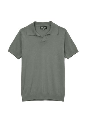 Polo grigia in maglia a maniche corte con polsini e orlo a coste, colletto aperto ed etichetta del marchio all'interno della scollatura.