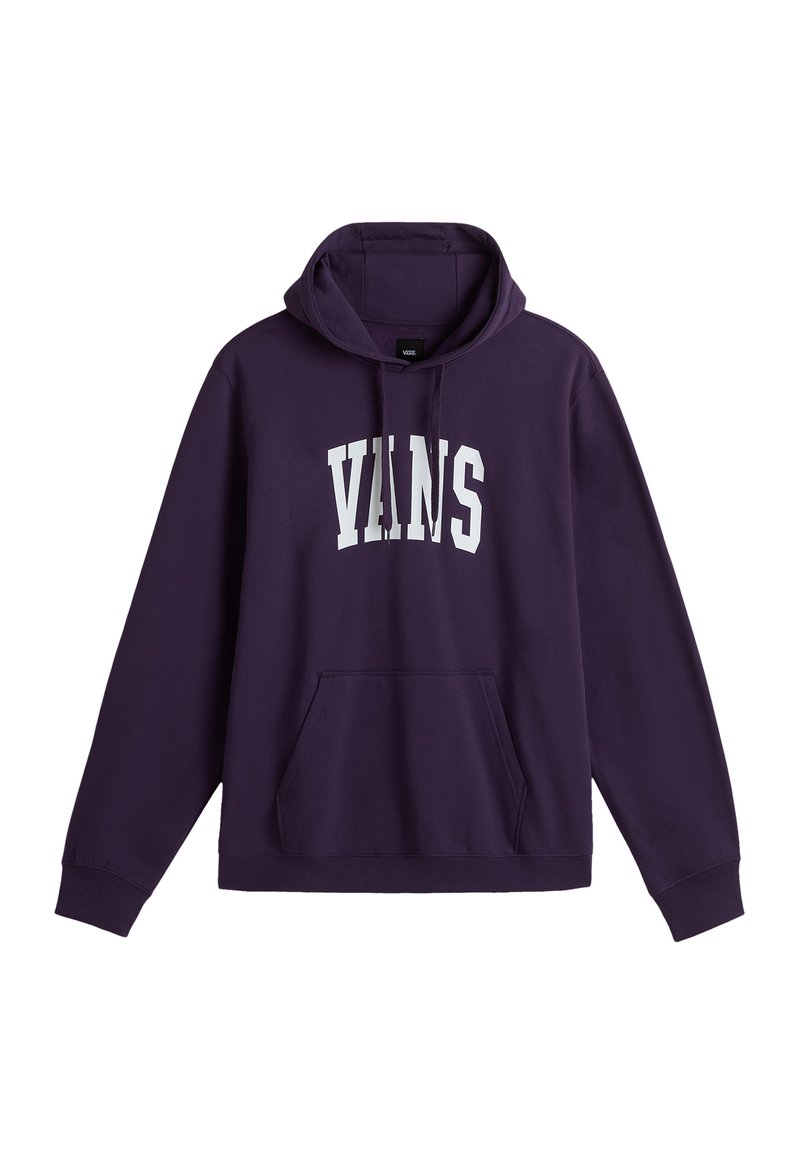 Purple hoodie made of cotton, featuring a front pocket, drawstring hood, and white "VANS" logo across the chest. Long sleeves present.
