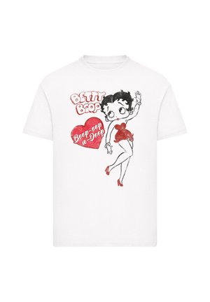 Weißes T-Shirt mit einem Grafik-Druck von Betty Boop in einem roten Kleid, mit roten Akzenten und dem Text "BETTY BOOP" und "Boop-oop-a-doop."