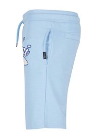 Light blue cotton shorts featuring an elastic waistband with drawstring, side pockets, and a back pocket. Includes embroidered logo detail.