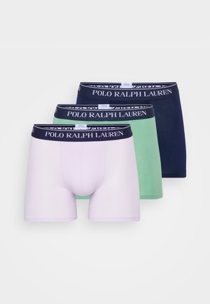 Drei Paar Polo Ralph Lauren Boxershorts; Farben: helllila, mintgrün und marineblau. Aus weichem Stoff und mit gebrandeten Bündchen.