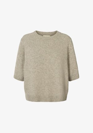 Pull beige à manches courtes avec un col rond, un ourlet côtelé et un tissu en tricot texturé doux. Design simple sans ornements.
