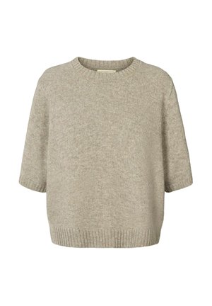 Beige strikket sweater med rund hals, korte ærmer og ribbet kant. Glat tekstur, løs pasform, egnet til afslappet brug.