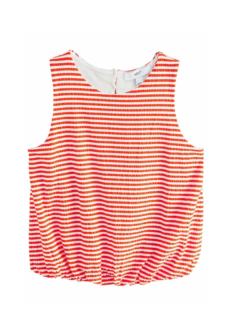 Top a righe in arancione, rosso e bianco. Tessuto morbido con scollatura rotonda e dettaglio di orlo arricciato. Etichetta visibile sul retro.