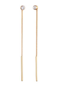 Guld-anhængende øreringe med en tynd kæde og to runde krystalaccenter øverst. Lige former med en glat finish.