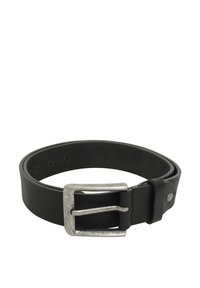 Black leather belt with a silver-tone metal buckle, featuring a smooth texture and five adjustable holes for fastening.