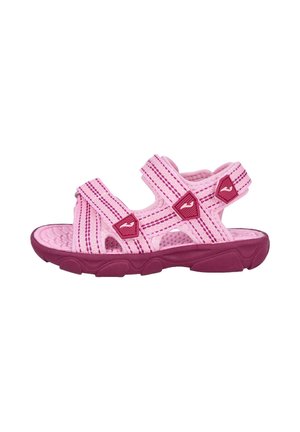 Sandalia infantil abierta en rosa y granate, con correas ajustables y suela texturizada para uso exterior.