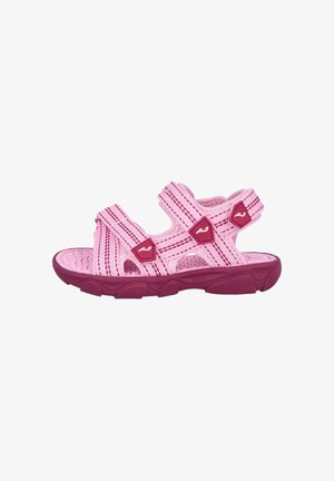 Sandalia infantil abierta en rosa y granate, con correas ajustables y suela texturizada para uso exterior.