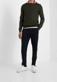 Olivově zelený pletený svetr s kulatým výstřihem, nošený přes bílou košili s límečkem, zdobenou červenými a modrými detaily; dopln�ěno černými zúženými kalhotami a bílými teniskami.