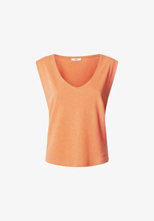 Oranje katoenen tanktop met een V-hals en brede armsgaten. Heeft een zachte textuur en een rechte zoom, ideaal voor casual kleding.