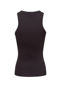 Black sleeveless tank top with a ribbed texture, featuring a round neck and fitted design. No visible logos or patterns.