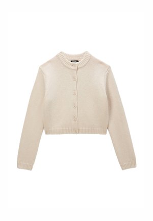 Gilet court beige clair en maille texturée, avec un col rond, des manches longues et une fermeture à boutons sur le devant.