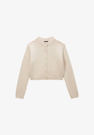 Gilet court beige clair en maille texturée, avec un col rond, des manches longues et une fermeture à boutons sur le devant.