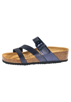 Sandale croisée navy et noire avec une finition texturée, semelle en liège et semelle en caoutchouc noire. Équipée d'une boucle en métal pour l'ajustement.