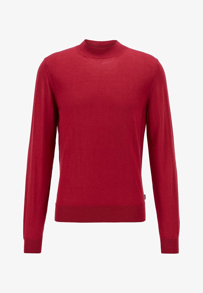 Pull rouge à manches longues avec col rond, poignets, ourlet et encolure côtelés sur un fond blanc uni.