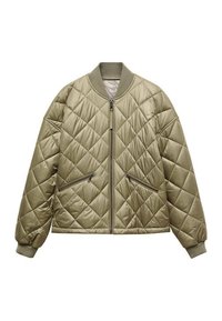 Gequiltede bomberjack in olijfgroen, met een voorrits, twee zijzakken en ribgebreide manchetten en kraag. Glad, glanzend materiaal.