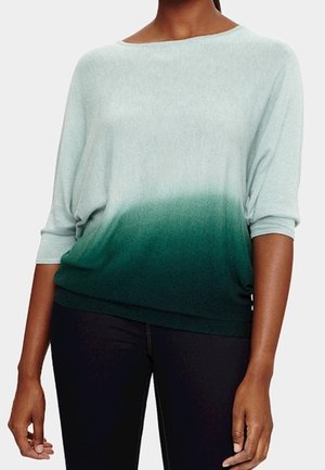 Kvinde iført en løs sweater med gradient fra lyseblå til mørkegrøn med trekvartlange ærmer og mørke, tætsiddende bukser.