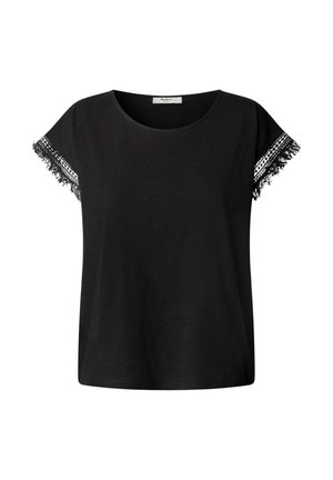 Top nero a maniche corte con scollo rotondo e dettagli in pizzo sulle maniche.