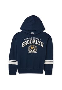 Granatowa bawełniana bluza z kapturem z kieszenią kangurką. Posiada grafikę "BROOKLYN" oraz paski na rękawach. Miękka tekstura i klasyczny krój.
