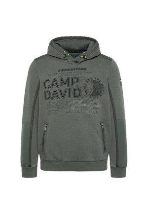 Dark green hooded sweatshirt with front zip pockets and "Camp David Arctic Voyage" text and graphic detailing on the chest.