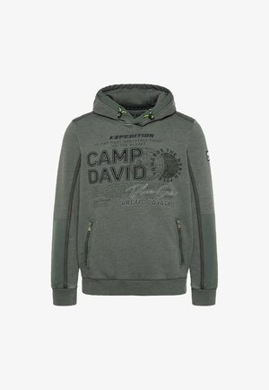 Dark green hooded sweatshirt with front zip pockets and "Camp David Arctic Voyage" text and graphic detailing on the chest.