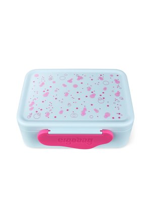 Helle blaue Lunchbox mit pinken Akzenten und einem Muster aus Kreisen. Verfügt über einen sicheren Verschluss und eine strukturierte Oberfläche mit Markennamen.
