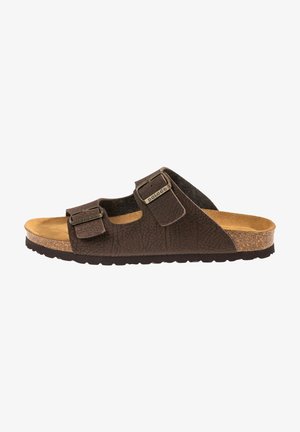 Braune Leder-Sandalen mit zwei verstellbaren Riemen, strukturiertem Obermaterial, Korkfußbett und Gummisohle. Mit metallischen Akzenten auf den Riemen.