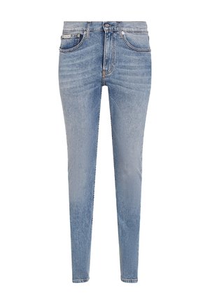 Jeans skinny azzurri chiari in denim, caratterizzati da un classico design a cinque tasche, chiusura con zip e un leggero effetto di scoloritura per una variazione di texture.