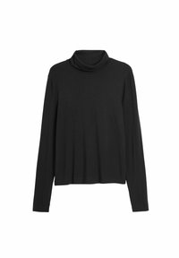 Schwarzes Langarm-Turtleneck-Oberteil aus weichem Stoff mit lockerer Passform, mit einem drapierten Ausschnitt und Seitennähten.