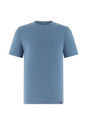 T-shirt bleu uni à manches courtes avec col rond et petite étiquette noire en bas sur un fond blanc.