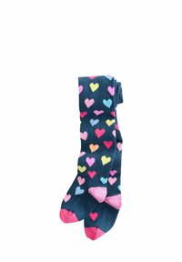 Chaussettes bleues avec des motifs de cœurs colorés, dotées de orteils et d'accents roses. Matériau doux et extensible avec une texture confortable.