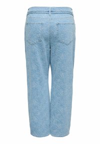Jean en denim bleu clair avec des motifs floraux de roses en relief, doté de passants pour ceinture et de deux poches arrière.