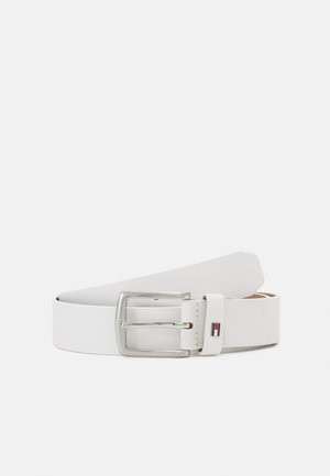 White leather belt with silver metal buckle and small rectangular logo on the belt loop, displayed coiled on a white background.