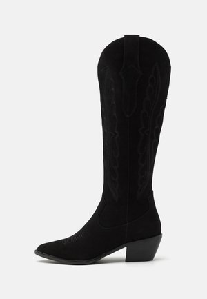 Botte de cowboy en daim noir avec couture décorative, bout pointu et talon moyen incliné, vue de profil sur un fond uni.
