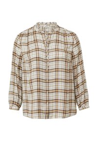 Geruite blouse met een gekrulde kraag, knoopsluiting aan de voorkant en driekwart mouwen. Kleuren zijn wit, bruin en geel in een geruit patroon.