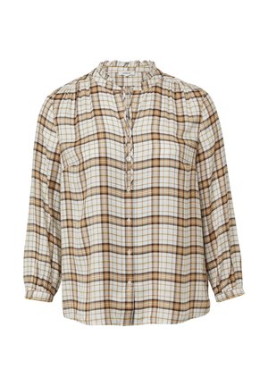 Karierte Bluse mit einem Rüschensaumkragen, Knopfleiste und Dreiviertelärmeln. Die Farben umfassen Weiß, Braun und Gelb in einem gestreiften Muster.